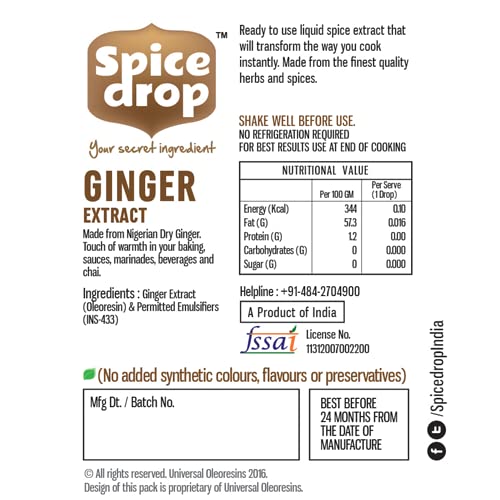 Spice Drop Pure Ginger Extract - Salad Dressing, Seasoning, Cooking, Baking, Tea, Coffee | Natural Immunity Booster | Premium Quality & Rich Aroma | Nigerian Dry Ginger Extract | No Added Color or Preservative | Non GMO | Vegan | 0.17 Oz x 3 Pack