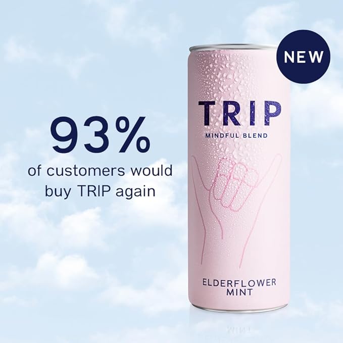 Trip Mindful Blend, Lightly Sparkling Adaptogen Seltzer, Mocktail w/ 120mg Magnesium Citrate with Ashwagandha, Lions Mane & L Theanine, No Added Sugar, Vegan, Elderflower Mint, 12 Oz, 12Pk