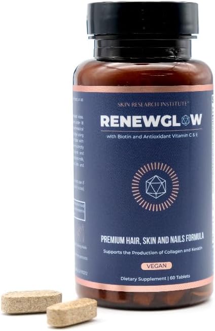 Skin Research Institute Renewglow Biotin 5000mcg Hair Growth Supplement for Women 40 Plus - Gotu Kola Vitamin E, C Zinc for Healthy Hair, Skin and Nails – with 27 Beauty Enhancing Nutrients