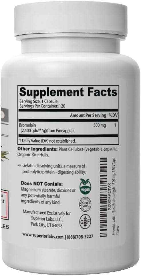 Superior Labs Bromelain 500mg – 2400 GDU/Gram Non-GMO Pineapple Enzyme, Plant-Based Digestive Support, Promotes Joint Comfort & Tissue Health – 120 Veg Caps