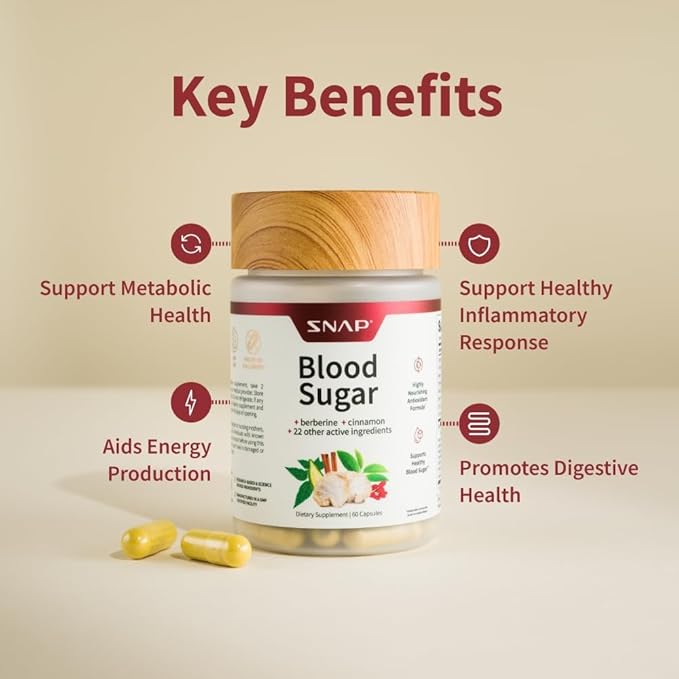 Snap Supplements Blood Sugar Blend with Berberine, CoQ10, Cinnamon, Alpha Lipoic Acid and Gymnema to Support Healthy Blood Sugar, Metabolic Health and Energy, Sugar Free, 60 Capsules