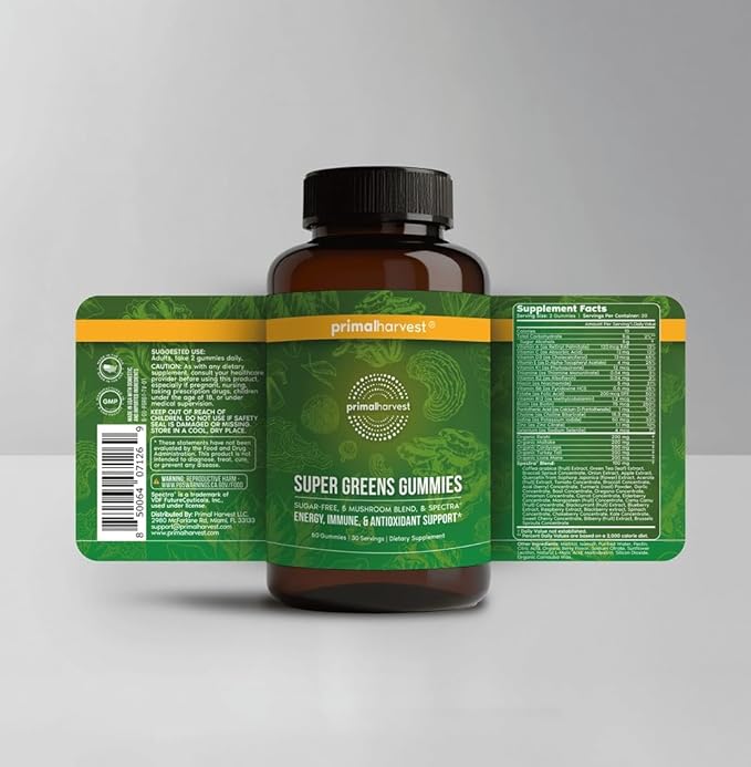 Primal Harvest Super Greens Gummies, Superfood Blend with Adaptogenic Mushrooms Vitamins & Nutrient-Rich Minerals & Antioxidants for Energy & Immune Support (1 Pack (60 Count), Berry)