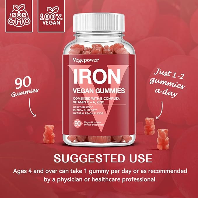 Vegan Iron Gummies Supplement - Multivitamin Supplement with Vitamin C, A, B & Zinc - Health Blood & Energy Support for Iron Deficiency, Anemia, No After Taste - Peach Flavor(2 Packs)