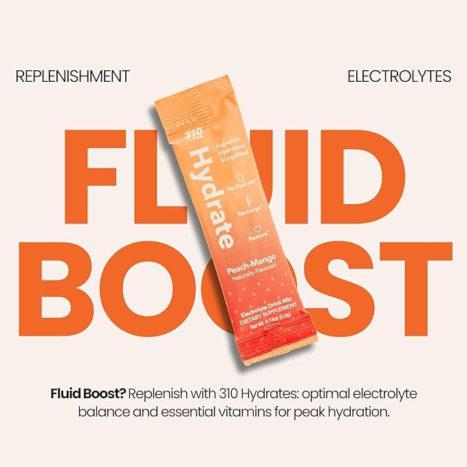310 Hydrate Peach Mango Electrolytes Powder Packets - No Sugar Hydration Packets with Key Vitamins & Minerals - Keto Friendly - Tasty Sugar Free Electrolyte Drink - 30 Single Servings