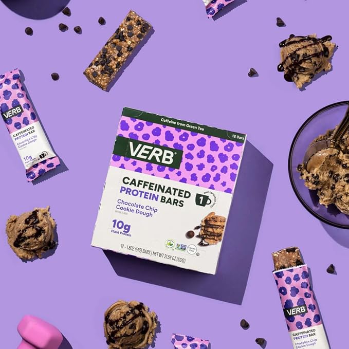 Verb Energy - Caffeinated Protein Bars Chocolate Chip Cookie Dough 190-Calorie Low Sugar 10g Protein Bar - Vegan Snacks - Gluten Free Breakfast Bars with Organic Green Tea, 51g Per Bar (Pack of 12)