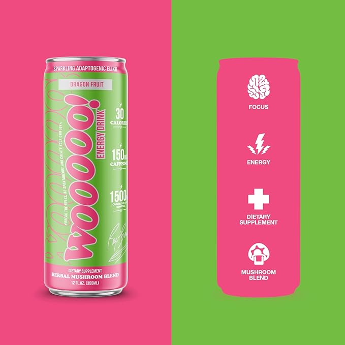Wooooo! Energy Ric Flair Sparkling Adaptogenic Mushroom Energy Drink | Natural Antioxidants & Nootropics | Lion’s Mane & Cordyceps | 150mg Caffeine | 12 Pack (Dragon Fruit)