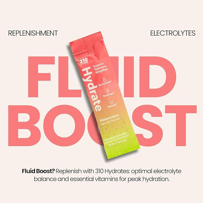 310 Hydrate Watermelon Electrolytes Powder Packets - No Sugar Hydration Packets with Key Vitamins & Minerals - Keto Friendly - Tasty Sugar Free Electrolyte Drink - 30 Single Servings
