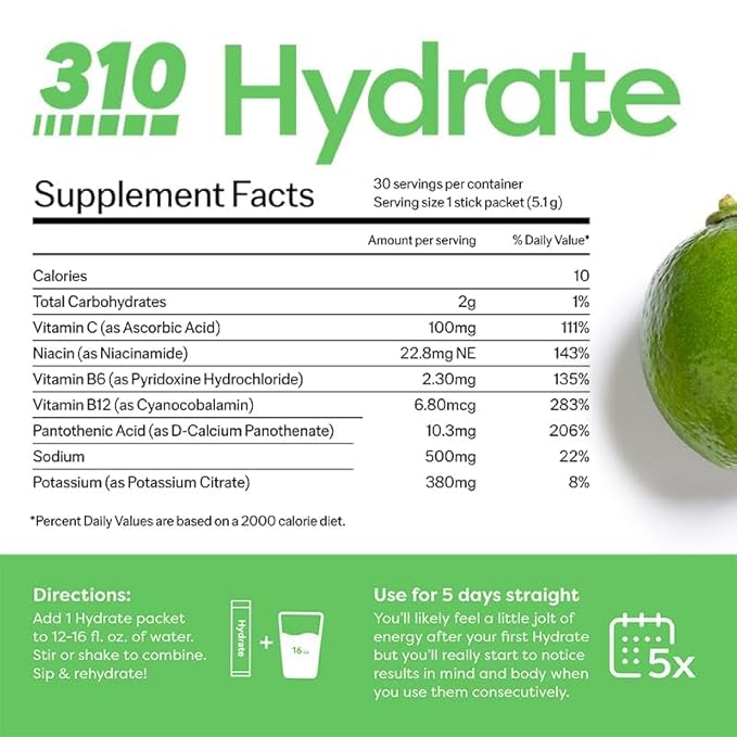 310 Hydrate Electrolyte Powder Packets – Key Vitamins & Minerals – No Sugar – Keto Friendly Hydration Drink – 30 Single Servings, Lemon Lime Flavor