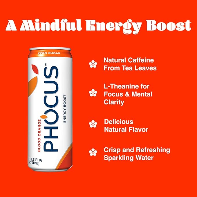 PHOCUS Caffeinated Sparkling Water, Blood Orange, 75mg Natural Caffeine Plus L-Theanine, Zero Sugar, Zero Calories, No Artificial Sweeteners, 11.5 fl oz Cans (Pack of 12)