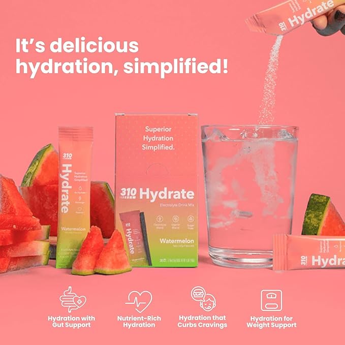 310 Hydrate Watermelon Electrolytes Powder Packets - No Sugar Hydration Packets with Key Vitamins & Minerals - Keto Friendly - Tasty Sugar Free Electrolyte Drink - 30 Single Servings