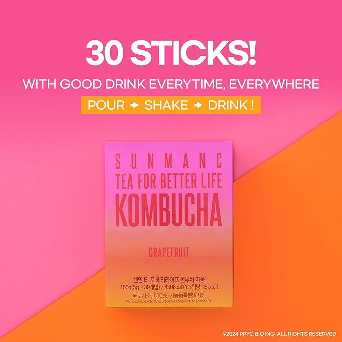 SUNMANC Kombucha 30 packets, Sparkling Probiotic Fermented Drink, Convenient Powdered Drink Mix, Tea Powder, Low Calories, Sugar 0g, Low Caffeine (Grapefruit)