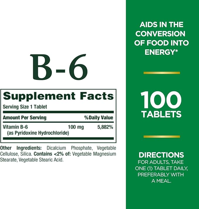 Nature's Bounty Vitamin B6 100mg Tablets - Supports Energy Metabolism & Nervous System Health, 100 Ct