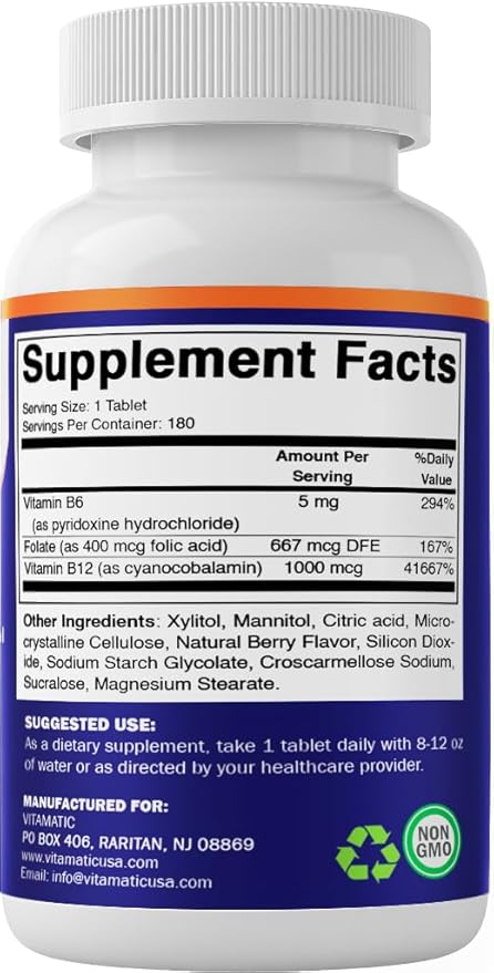 Vitamatic Folic Acid, Vitamin B12 & B6 – 180 Fast Dissolve Tablets Heart Health, Energy Production & Red Blood Cell Support