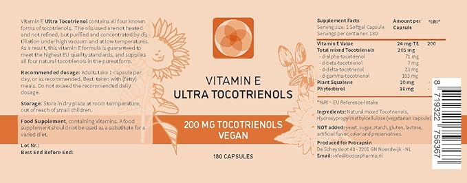 Ultra Tocotrienol 200mg Vitamin E Vegan – All 4 tocotrienols - Alpha Tocotrienol + Beta Tocotrienol + Gamma Tocotrienol + Delta Tocotrienol – No Tocopherols (180)