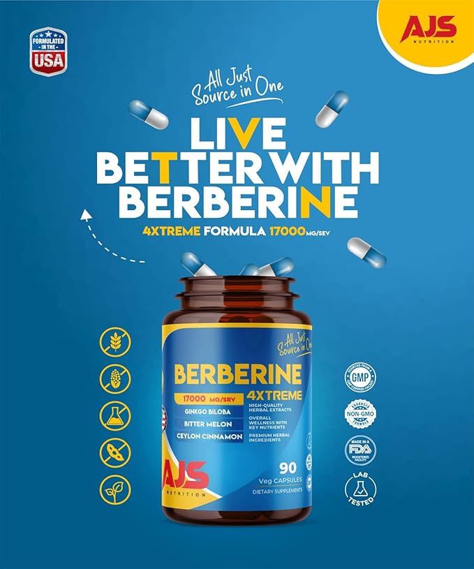 AJS Berberine Supplement with Ceylon Cinnamon & Ginkgo Biloba - Blood Sugar Support Supplement, High Potency Berberine HCl 400mg + Bitter Melon Extract, 90 Capsules, 45 Days Supply