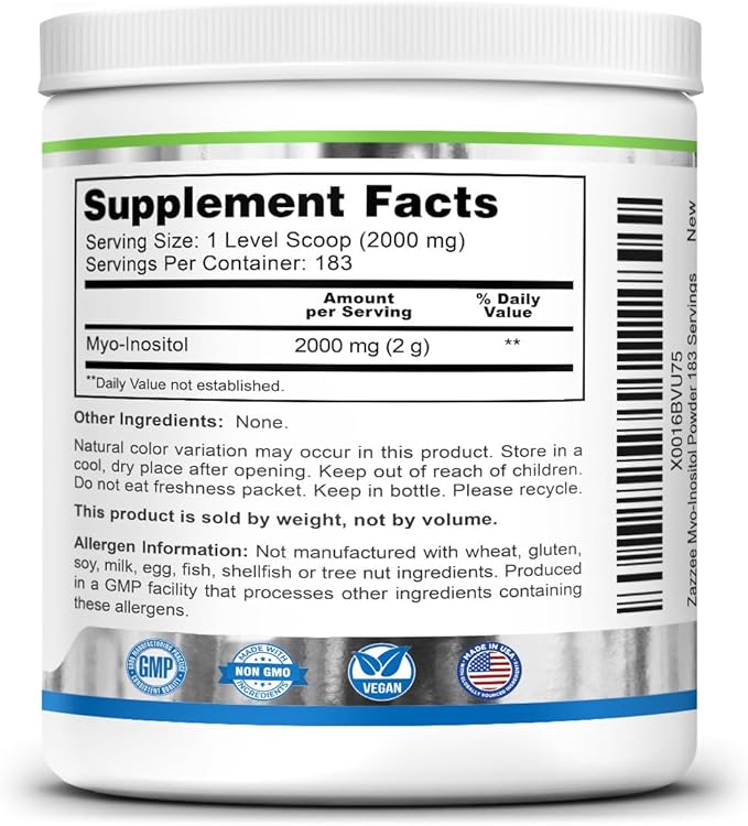 Zazzee Myo-Inositol Powder, 6 Month Supply, 183 Servings, 2000 mg per Serving, Free Scoop for Exact Dosage, 12.91 Ounces, 100% Pure, All-Natural Fertility and Reproductive Support, Vegan, Non-GMO