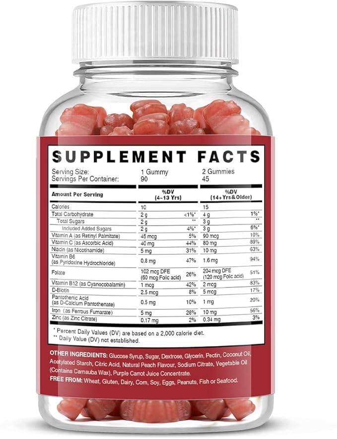 Vegan Iron Gummies Supplement - Multivitamin Supplement with Vitamin C, A, B & Zinc - Health Blood & Energy Support for Iron Deficiency, Anemia, No After Taste - Peach Flavor(2 Packs)