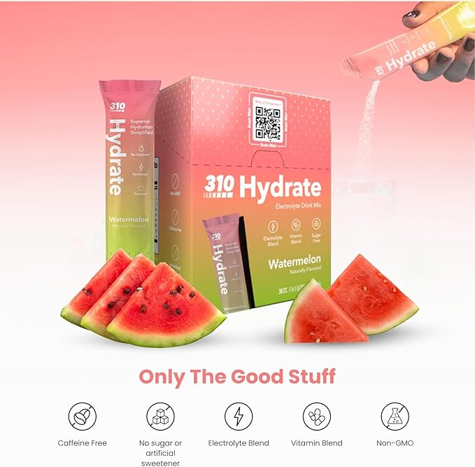 310 Hydrate Watermelon Electrolytes Powder Packets - No Sugar Hydration Packets with Key Vitamins & Minerals - Keto Friendly - Tasty Sugar Free Electrolyte Drink - 30 Single Servings