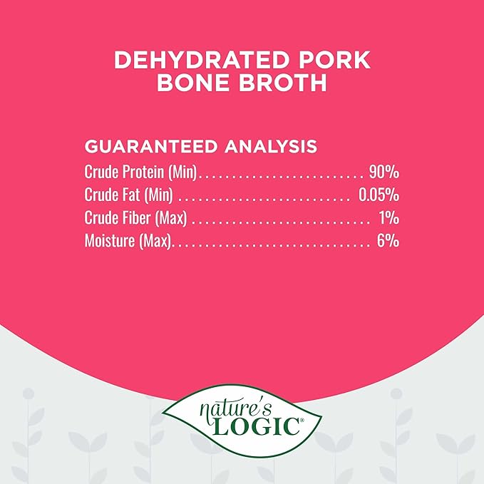 Nature's Logic Dehydrated Bone Broth Powder - 100% Natural Dog & Cat Topper - Rich in Glucosamine & Chondroitin - Boosts Immune System - Gluten-Free, No Synthetic Ingredients – Pork, 6oz