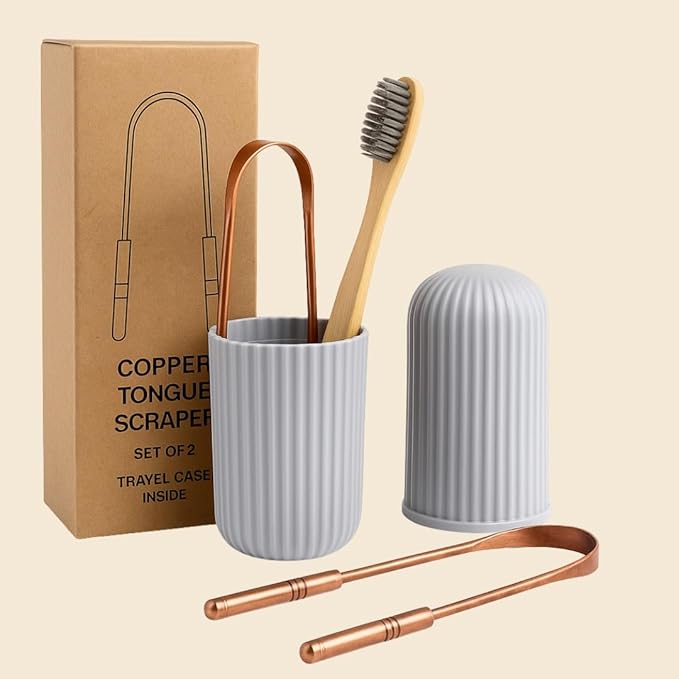 Tongue Scraper Set (2 Pack) – Pure Copper Cleaner Kit with Bamboo Toothbrush with Charcoal Bristles & Travel Case – Daily Oral Hygiene Tool for Men & Women
