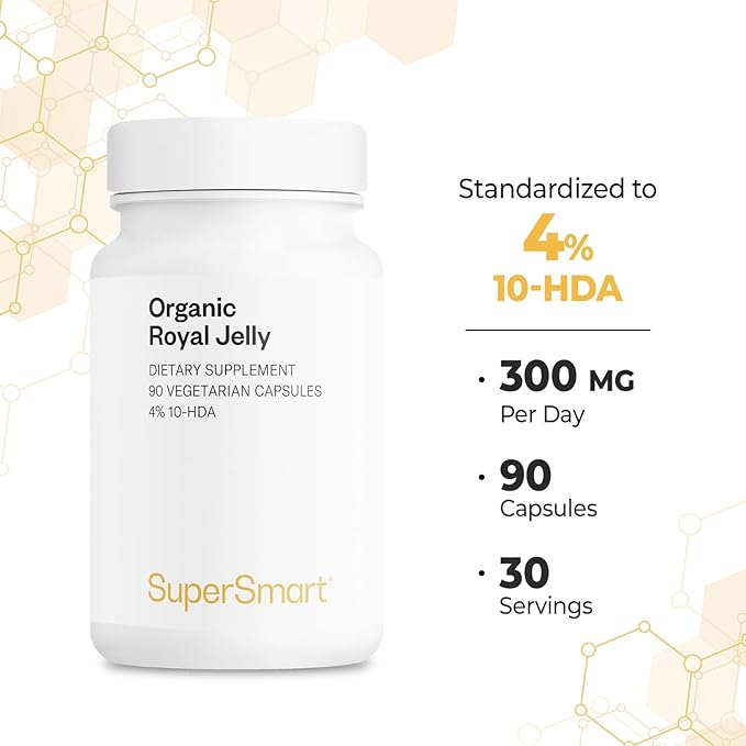 Supersmart - Organic Royal Jelly 300mg per Day (High Strength 4% 10-HDA) - Freeze-Dried Fresh Royal Jelly Supplement | Non-GMO & Gluten Free - 90 Vegetarian Capsules