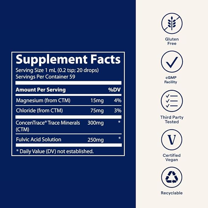 Trace Minerals Ionic Fulvic Acid 250mg - Essential Mineral Supplement to Support Hydration & Energy Production - Aids Muscle Endurance - Liquid Supplement for Healthy Digestion - 2 fl oz (59 Servings)