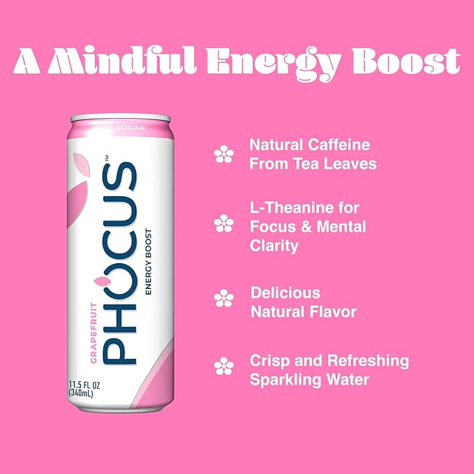 PHOCUS Caffeinated Sparkling Water, Grapefruit, 75mg Natural Caffeine Plus L-Theanine, Zero Sugar, Zero Calories, No Artificial Sweeteners, 11.5 fl oz Cans (Pack of 12)