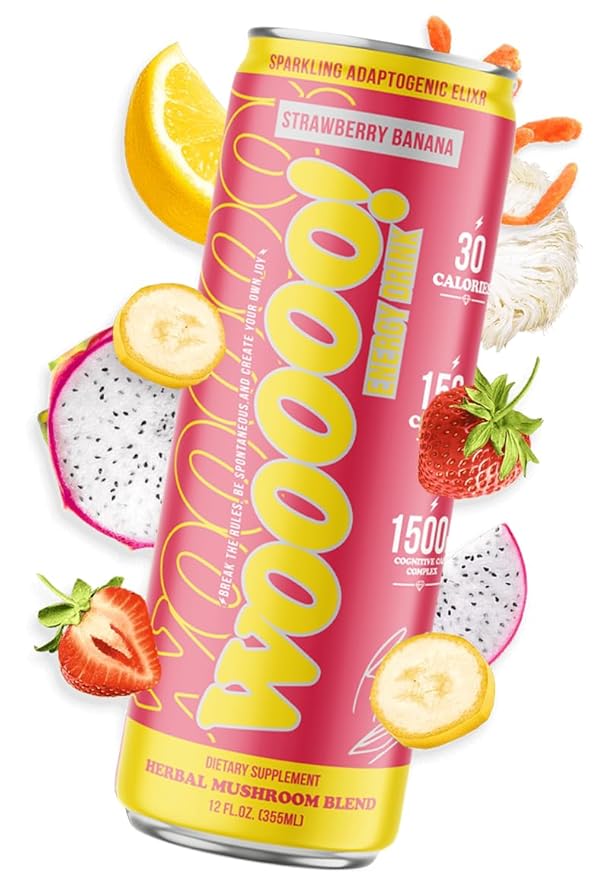 Wooooo! Energy Ric Flair Sparkling Adaptogenic Mushroom Energy Drink | Natural Antioxidants & Nootropics | Lion’s Mane & Cordyceps | 150mg Caffeine | 12 Pack (Strawberry Banana)
