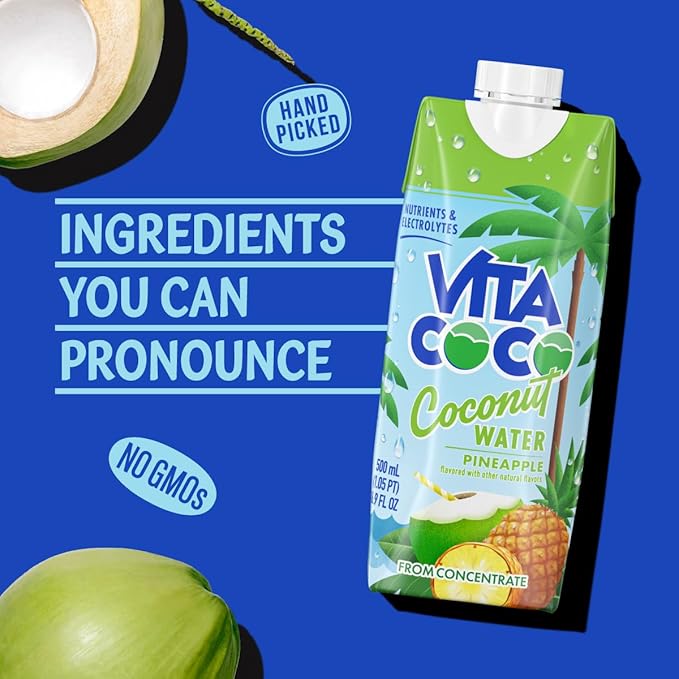 Vita Coco Coconut Water Naturally Hydrating Electrolyte Drink Smart Alternative to Coffee Soda and Sports Drinks Gluten Free, Pineapple, 16.9 Fl Oz (Pack of 12), 202.8 Fl Oz