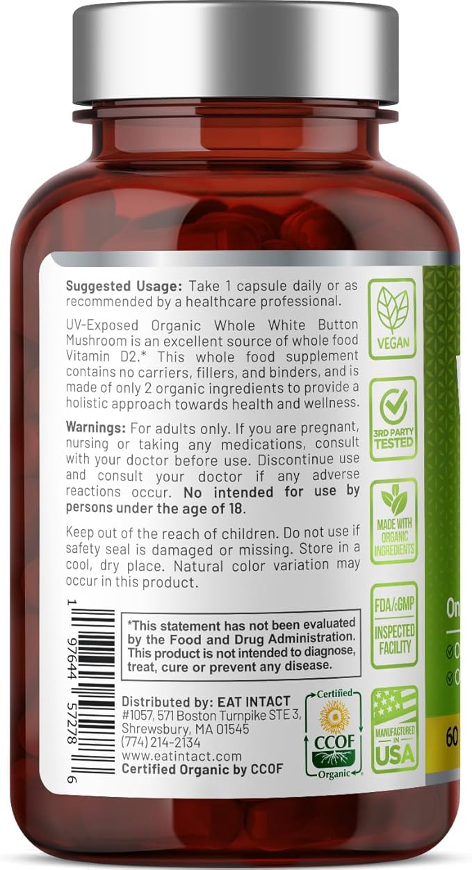 Vegan Whole Food Vitamin D, 2000 IU (50 mcg), D2, Two Ingredients (Organic Whole Mushroom and Organic Vegan Capsule), Non-GMO, Third Party Tested, 60 Day Supply