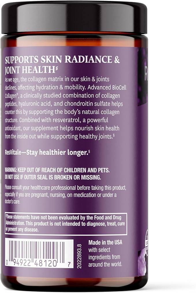 ResVitále Collagen Enhance - Beauty Supplement with Hyaluronic Acid & Resveratrol - 60 Capsules