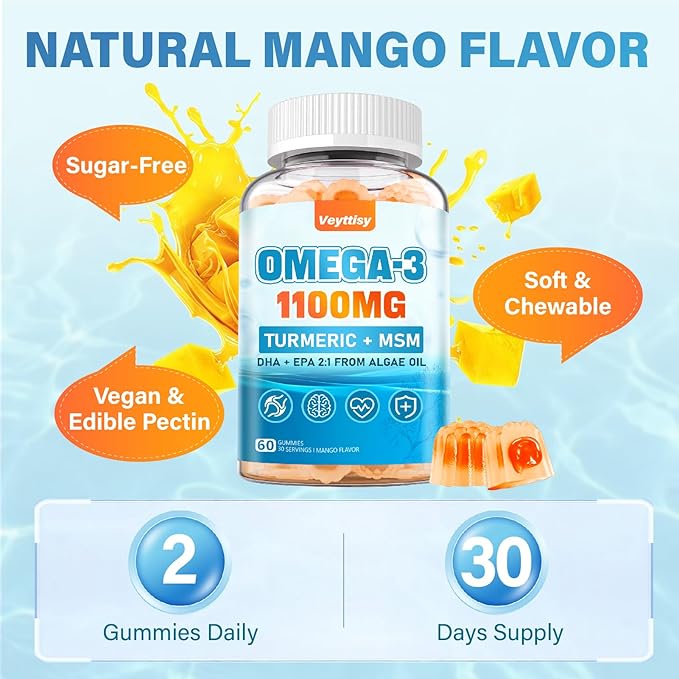 Vegan Omega 3 Gummies 1100mg + Turmeric - Alage Oil Omega 3 Supplement for Adults with DHA 640mg & EPA 320mg - Plus MSM, Astaxanthin, Vitamin E, D3, Black Pepper, Sugar-Free, 60 Counts