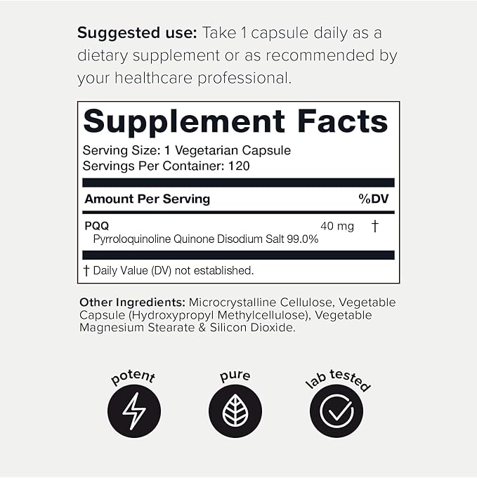 Toniiq 99%+ 40mg Supplement - Ultra High Purity PQQ 40mg Concentrated Formula - PQQ 40 mg 120 Capsules - Pyrroloquinoline Quinone Supplement - 1 Capsule Serving - Vegetarian Capsules