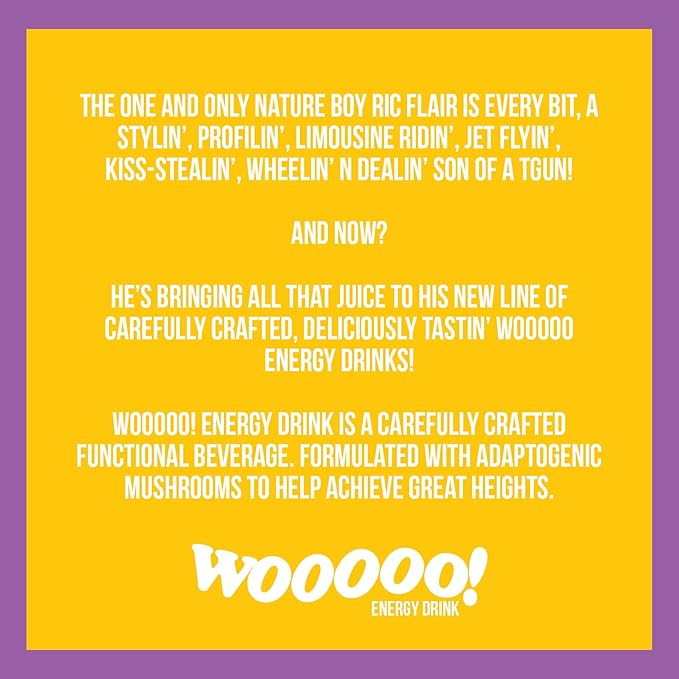 Wooooo! Energy Ric Flair Sparkling Adaptogenic Mushroom Energy Drink | Natural Antioxidants & Nootropics | Lion’s Mane & Cordyceps | 150mg Caffeine | 12 Pack (Pineapple Berry)