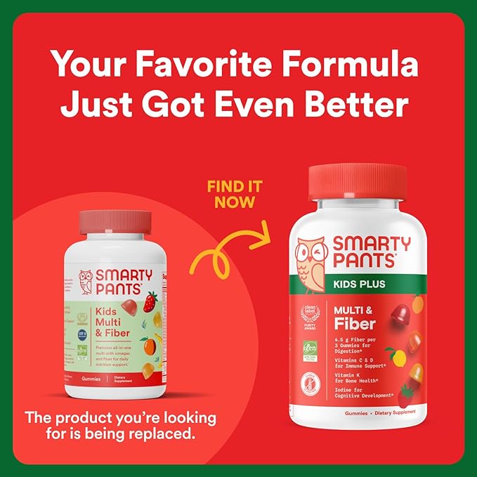 SmartyPants Kids Multivitamin Gummies and Fiber Supplement: Vitamin D3, C, Vitamin B12, B6, A, Zinc, Biotin, Inositol, Fiber Gummies, Three Fruit Flavors, 120 Count (30 Day Supply)