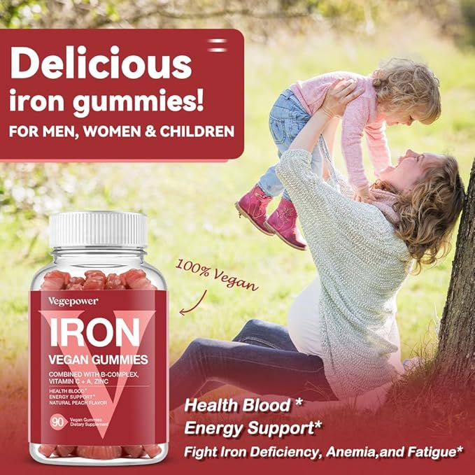 Vegan Iron Gummies Supplement - Multivitamin Supplement with Vitamin C, A, B & Zinc - Health Blood & Energy Support for Iron Deficiency, Anemia, No After Taste - Peach Flavor(2 Packs)