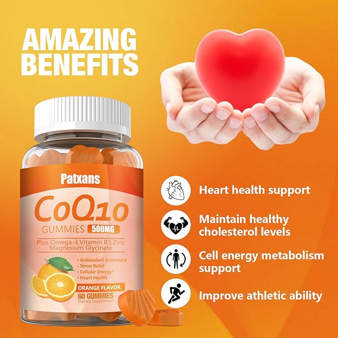 1 Pack 500MG CoQ10 Supplement Gummies, Omega-3, Magnesium, Vitamin B3, Zinc, Ultra High Absorption Provides Healthy Support for Heart, Cell Energy& Antioxidants, 60Cts.