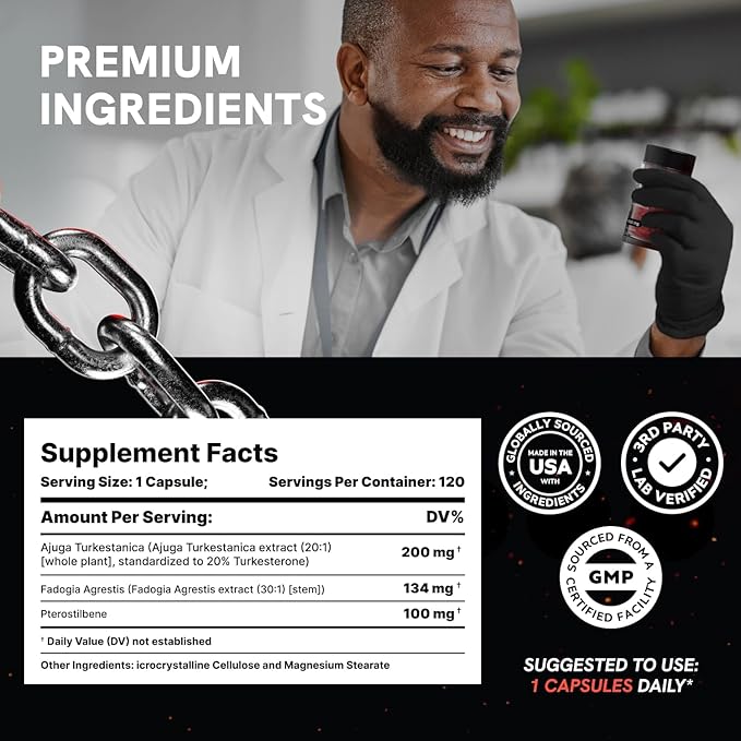 Turkesterone Supplement for Men - Organic Turkesterone Supplement for Muscle Growth w/Fadogia Agrestis Pterostilbene | Complexed Turkesterone Powder | 120 Turkestrone Vegan Capsules 2 Packs