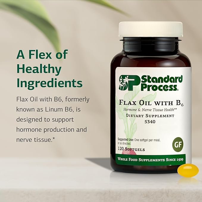 Standard Process Flax Oil with B6 - Supplement for Hormone & Nerve Tissue Support - Supports Brain, Heart & Skin Skin - Gluten-Free, Non-Dairy & Non-Soy - 120 Softgels (120 Servings)