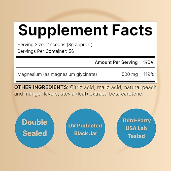 NatureBell Magnesium Glycinate Powder 500mg, 1lb (16oz) | 100% Chelated for High Absorption | Peach Mango Flavor | Supports Muscle, Bone & Heart Health | Sugar-Free, Bitterless, Non-GMO, Vegan