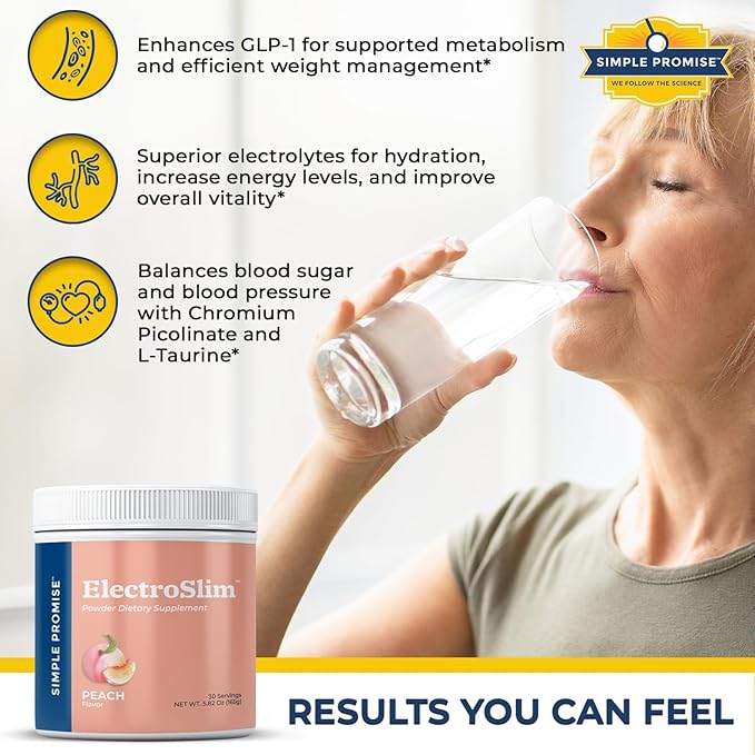 Simple Promise ElectroSlim - Sugar-Free Keto Electrolytes Powder - No Sugar Formula for Daily Energy Support and Hydration, Low Sodium Organic Electrolytes Powder, 30 Servings, Peach Flavor