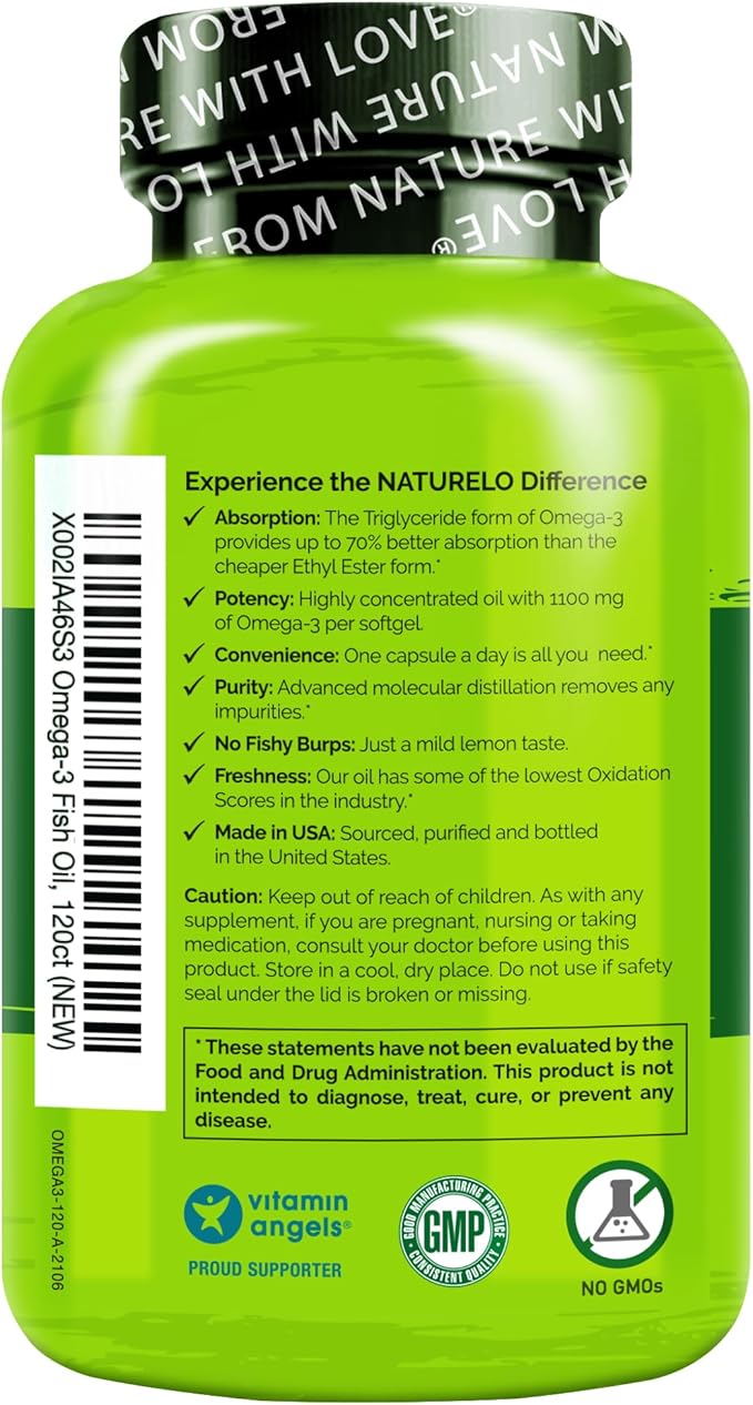 NATURELO Burpless Omega 3 Fish Oil Supplement - 1100mg Triglyceride Omega-3, EPA + DHA, Liquid Fish Oil for Heart, Eye, Brain, Joint Health - 120 Softgels, 4 Months Supply