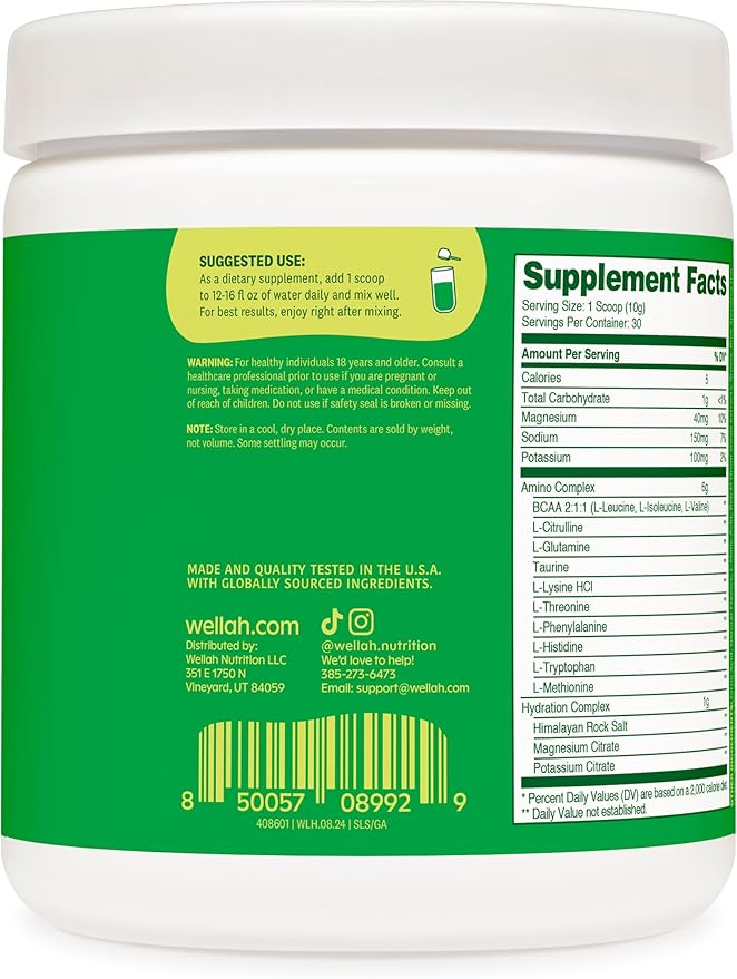 Wellah So Long Soreness BCAA Powder (Green Apple Flavored) 30 Servings - with Hydration Complex