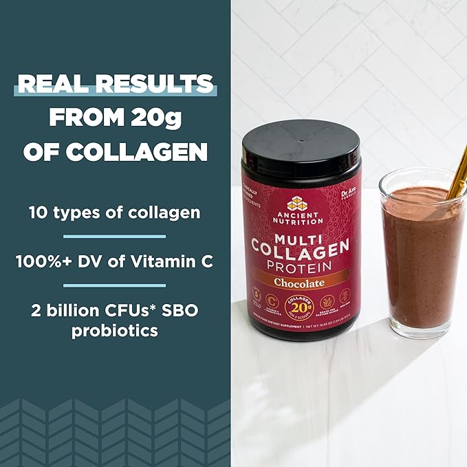 Ancient Nutrition Hydrolyzed Collagen Peptides Powder with Probiotics, Chocolate Multi Collagen Protein for Women and Men with Vitamin C, 40 Servings, Supports Skin and Nails, Gut Health, 16.65oz