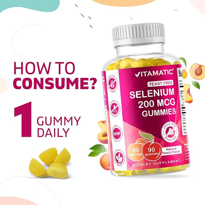 Vitamatic Yeast Free Selenium Gummies 200mcg as Selenomethionine Supplement Essential Trace Mineral with Superior Absorption 90 Pectin Based Gummies