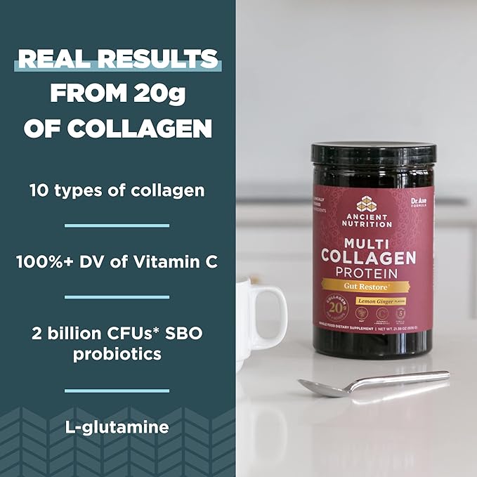 Ancient Nutrition Collagen Powder Protein, Multi Collagen Protein, Hydrolyzed Collagen Peptides Supports Skin and Nails, Joint Supplement (Gut Restore, 20 Servings)