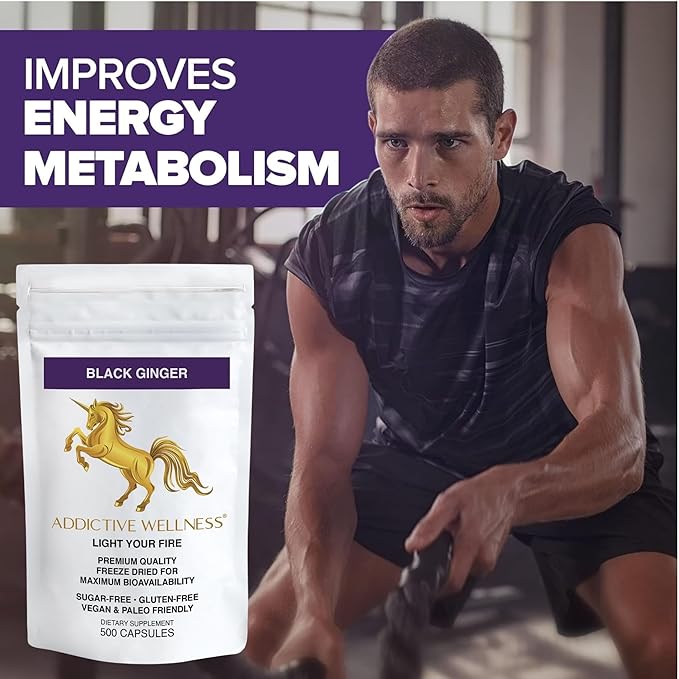Addictive Wellness Black Ginger Capsules 450mg, Kaempferia Parviflora Supplement to Support Energy, Metabolism, Endurance & Performance, Thai Black Ginger for Men, Vegan & Paleo, 500 Count