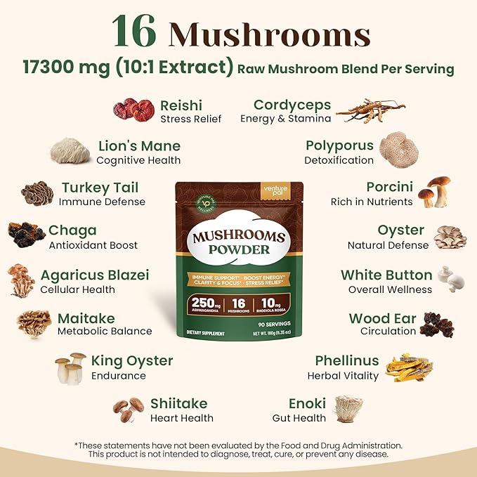 Venture Pal 16-in-1 Mushroom Powder 17,300mg with Adaptogens for Coffee & Tea | Ashwagandha, Lion’s Mane, Rhodiola | 10:1 Extract from 100% Fruiting Bodies | 90 Servings