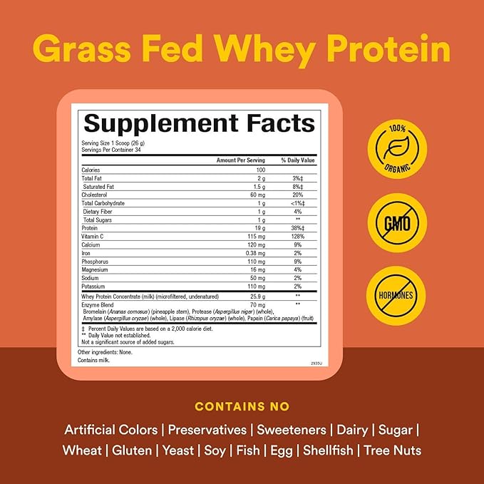 Whey Factors by Natural Factors, Grass Fed Whey Protein Concentrate, Aids Muscle Development and Immune Health, Unflavored, 2 lb
