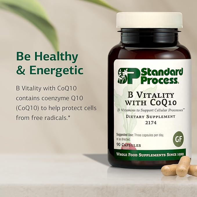 Standard Process B Vitality with Coq10 - Cellular Health Supplement with Biotin, Vitamin B12 & Folate - Vegan, Gluten-Free & Non-Dairy - 90 Capsules (30 Servings)